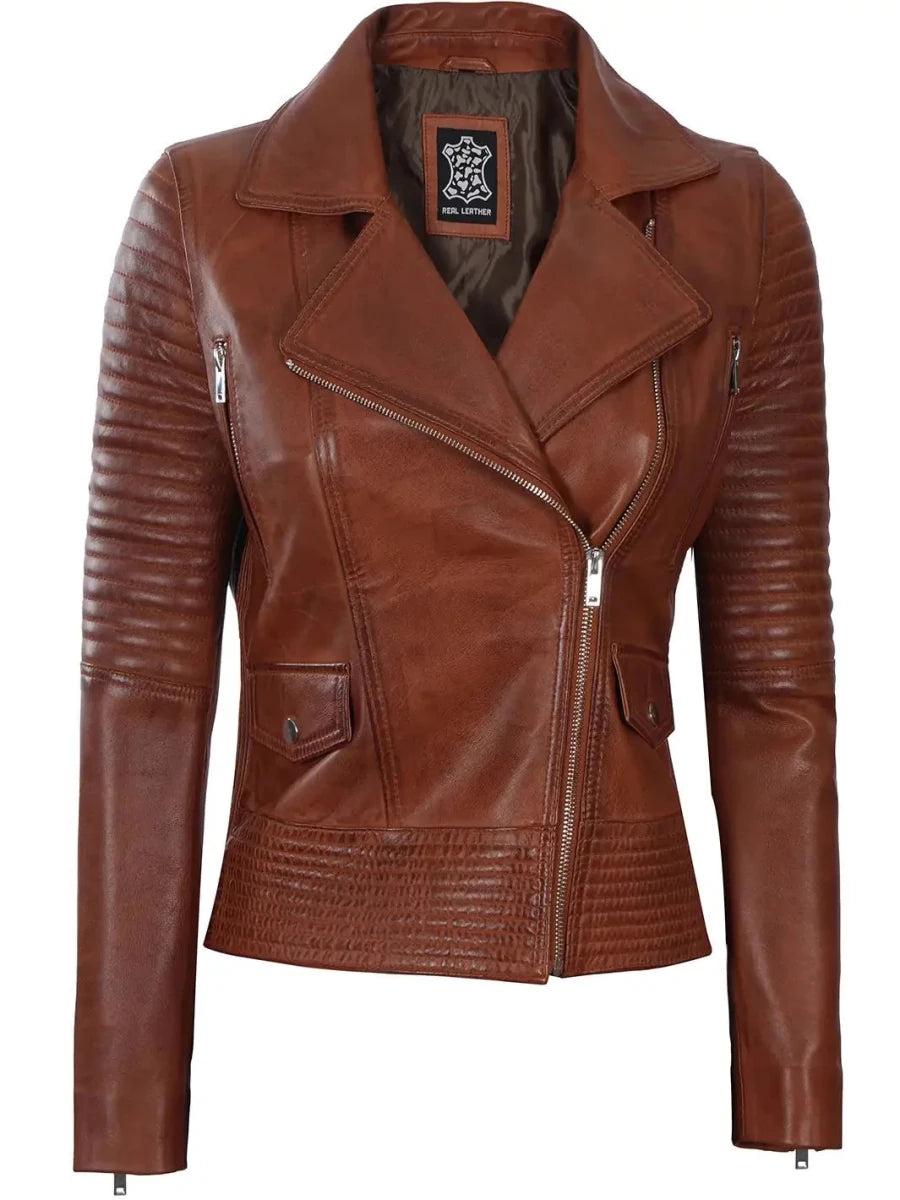 Womens Asymmetrical Cognac Wax Motorcycle Leather Jacket - Vox Leather