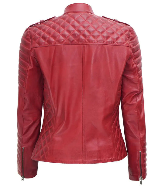 Women's Biker Quilted Red Leather Jacket Asymmetrical - Rare Leather