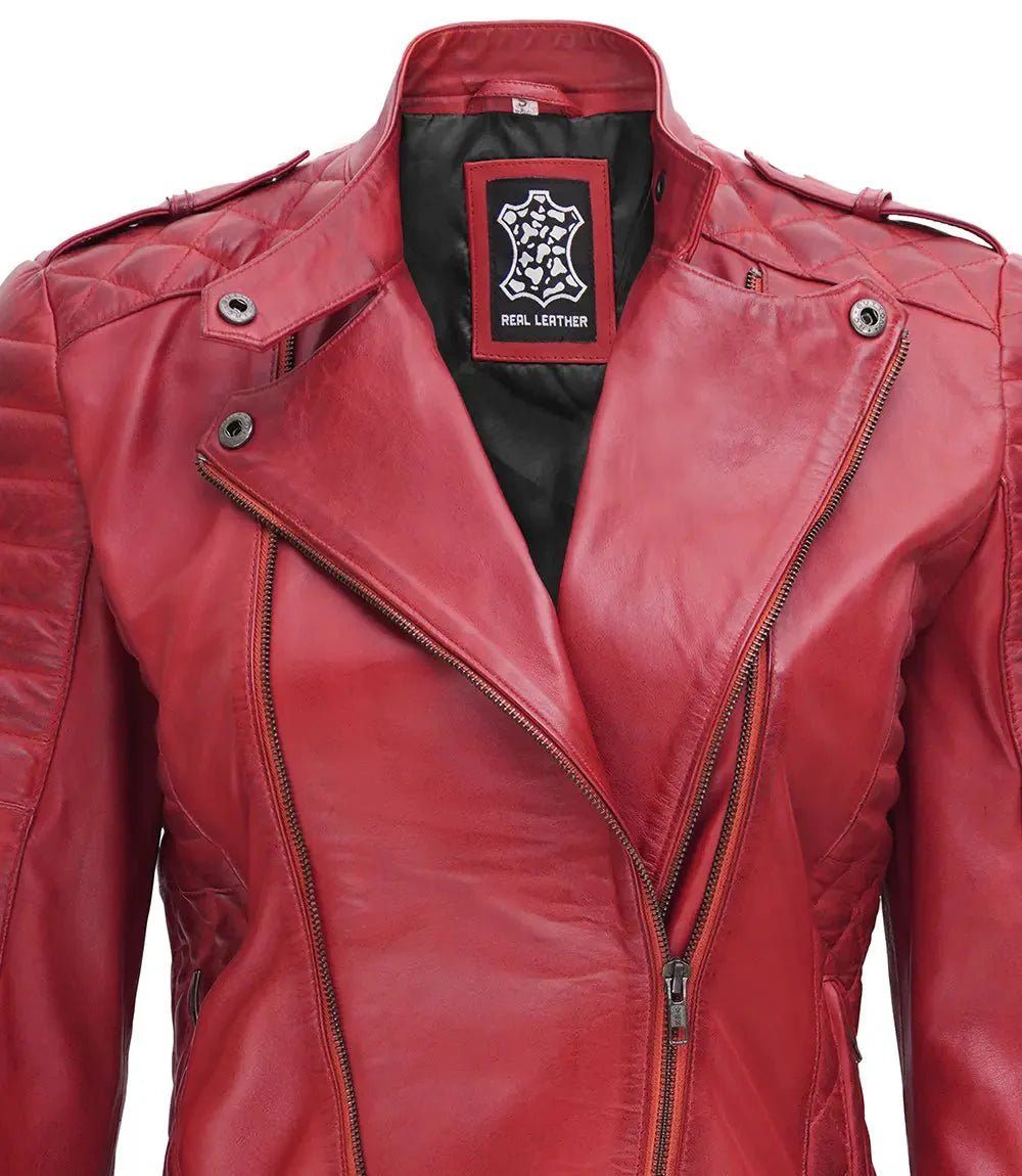 Women's Biker Quilted Red Leather Jacket Asymmetrical - Vox Leather