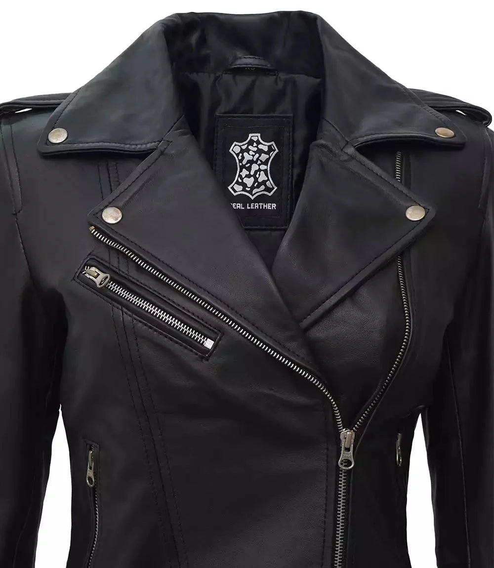 Womens Black Asymmetrical Biker Leather Jacket - Vox Leather