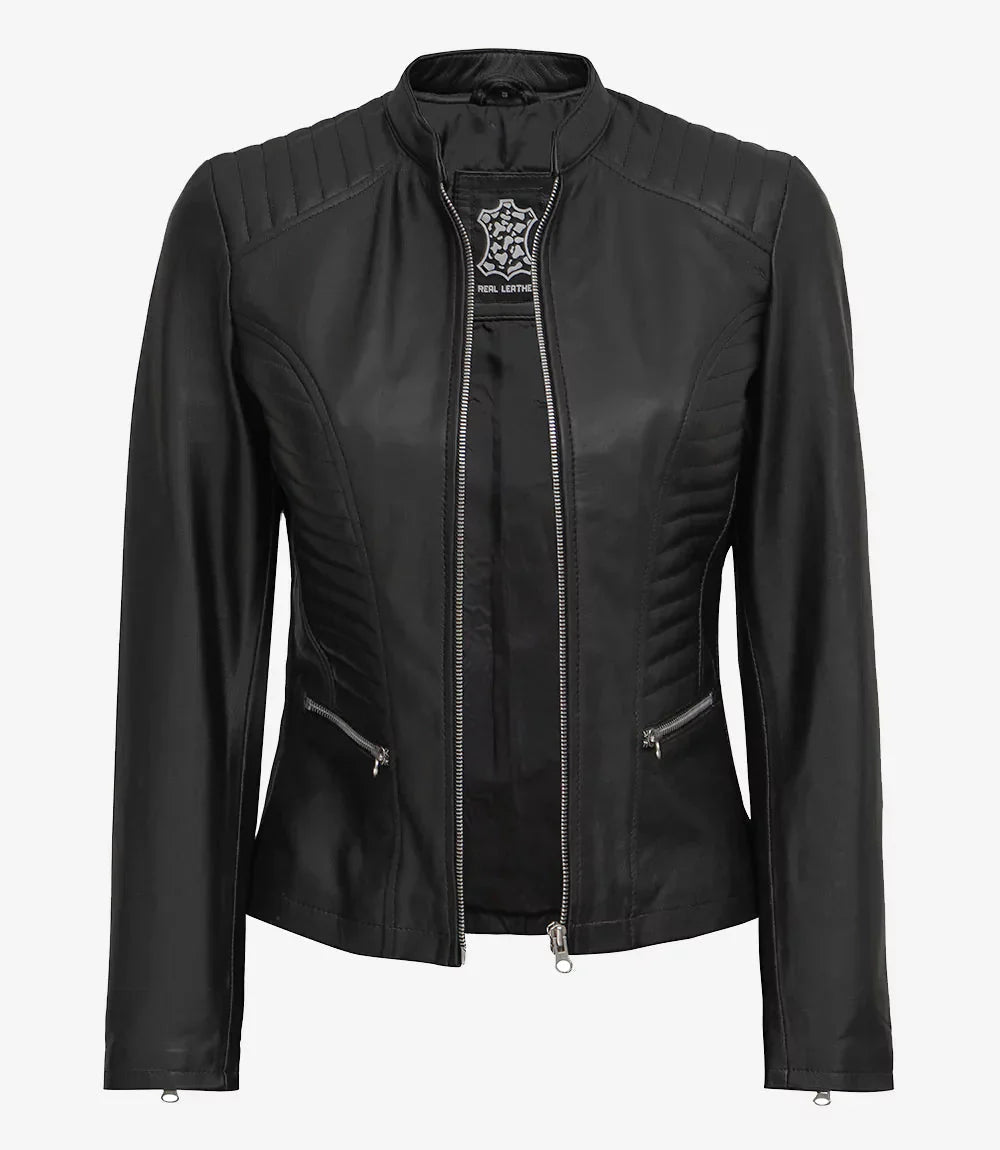 Women's Black Cafe Racer Leather Jacket - Vox Leather