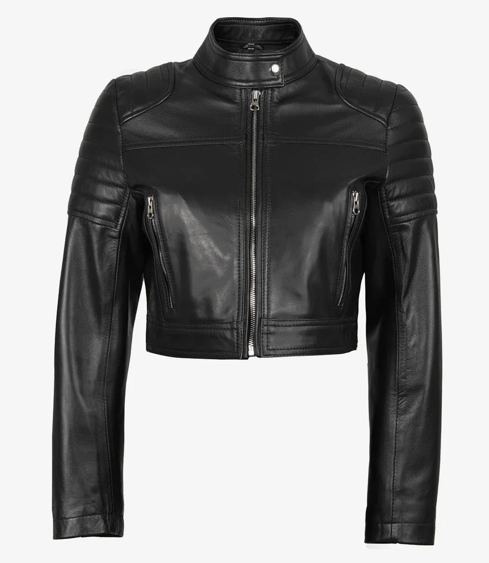 Women's Black Cropped Leather Moto Jacket - Rare Leather