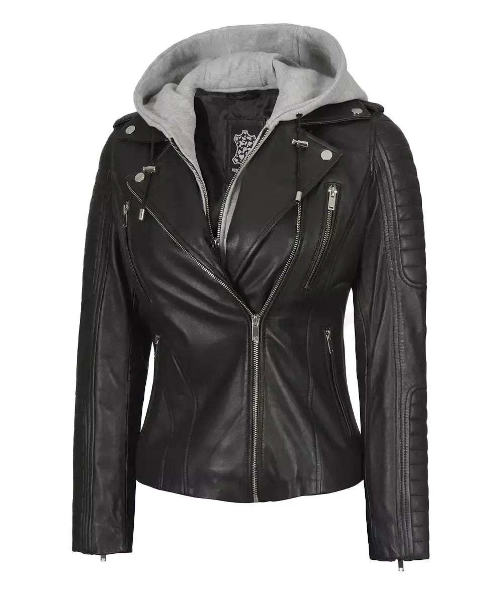 Womens Black Leather Biker Jacket With Removable Hood - Rare Leather