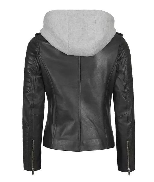 Womens Black Leather Biker Jacket With Removable Hood - Vox Leather
