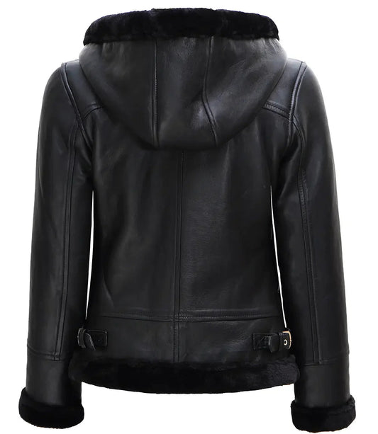 Womens Black Leather Hooded Shearling Jacket - Vox Leather