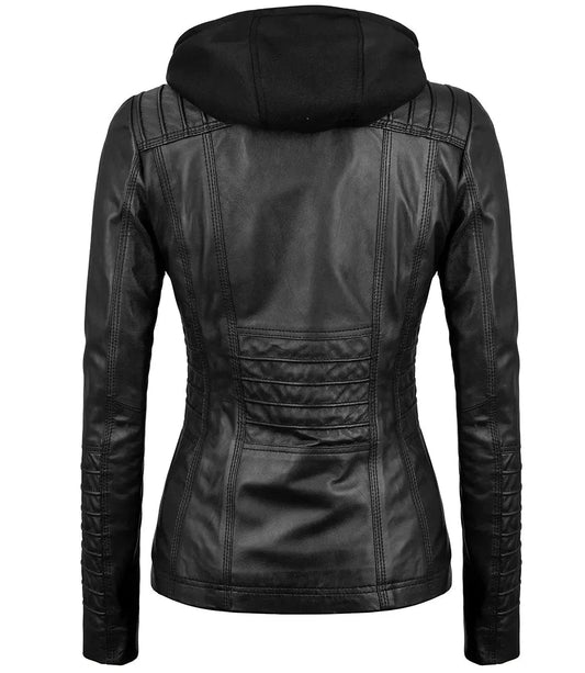 Women's Black Leather Jacket With Removable Hood - Vox Leather