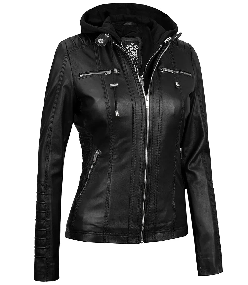 Women's Black Leather Jacket With Removable Hood - Vox Leather