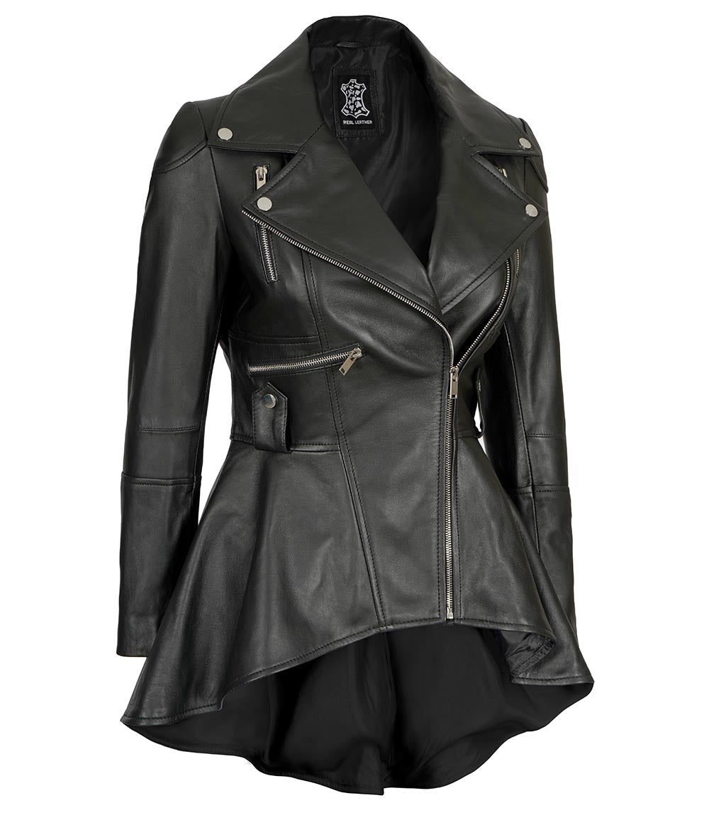 Women's Black Peplum Leather Jacket – Asymmetrical - Vox Leather