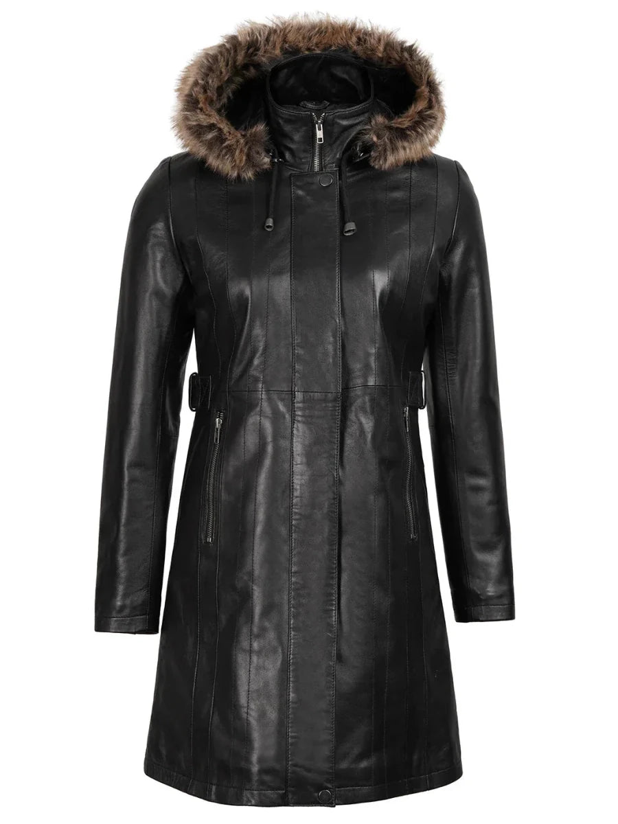 Women’s Black Real Lambskin Leather Hooded Shearling Coat - Vox Leather