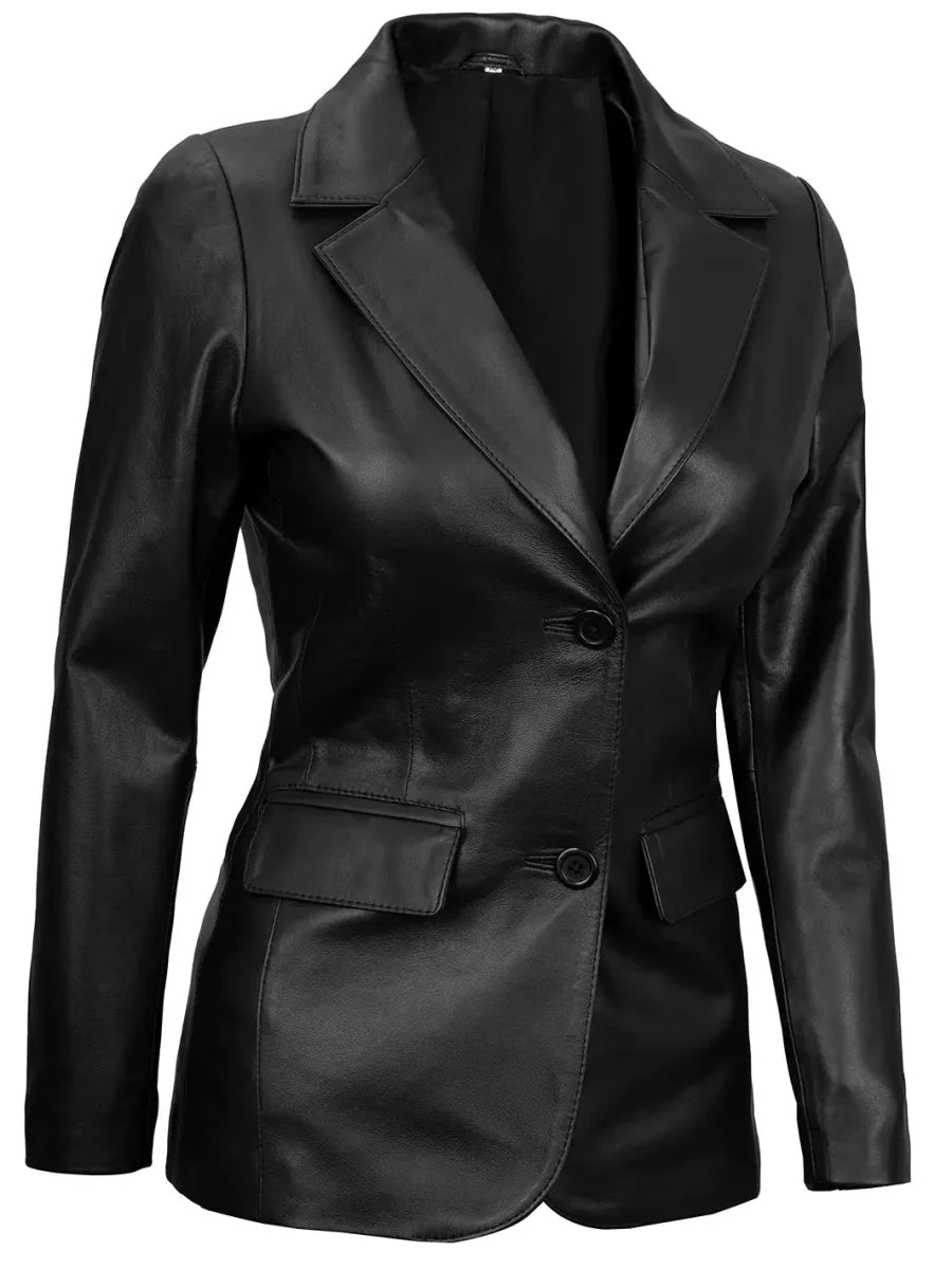Women's Black Two-Button Real Leather Blazer - Vox Leather