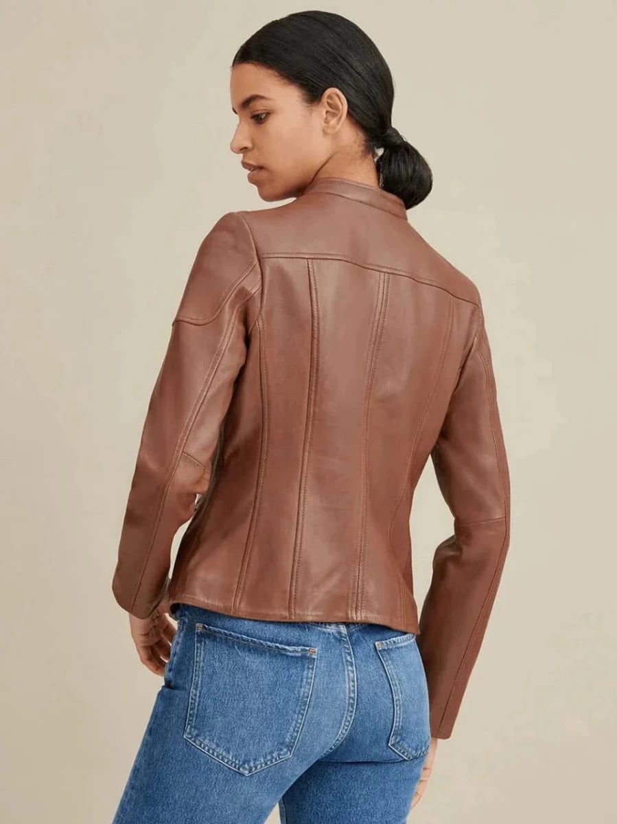 Women’s Brown Leather Biker Jacket Crew Neck - Vox Leather