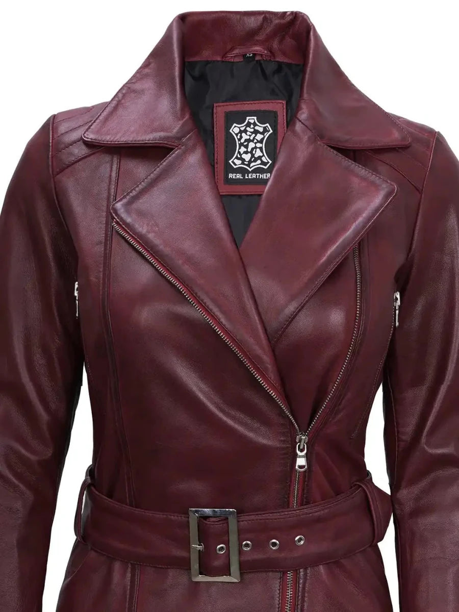 Women's Burgundy Asymmetrical Biker Real Leather Jacket - Vox Leather