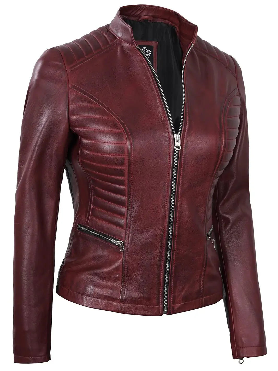 Women's Burgundy Cafe Racer Leather Jacket - Rare Leather