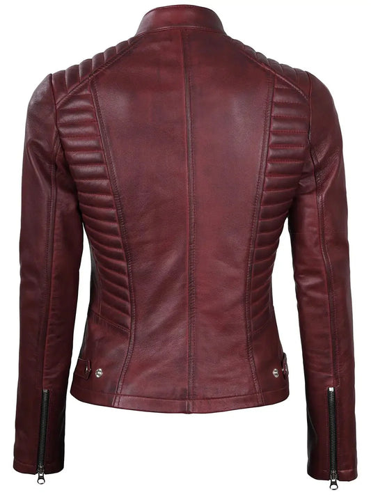 Women's Burgundy Cafe Racer Leather Jacket - Rare Leather
