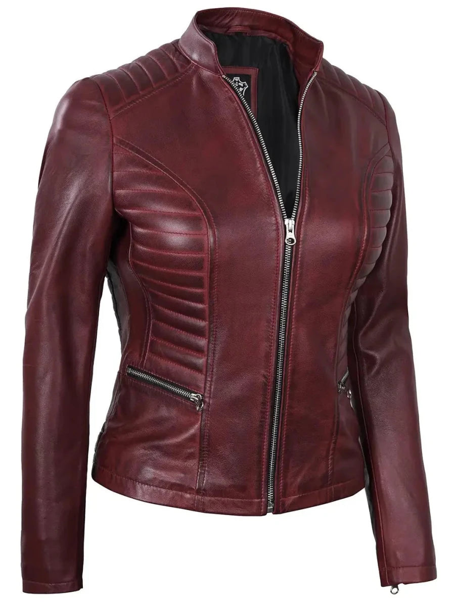 Women's Burgundy Cafe Racer Leather Jacket - Vox Leather