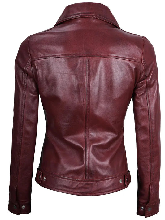 Women's Burgundy Harrington Real Leather Jacket - Rare Leather