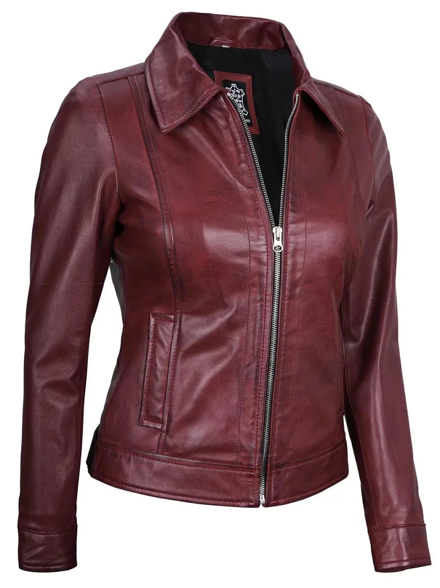 Women's Burgundy Harrington Real Leather Jacket - Vox Leather