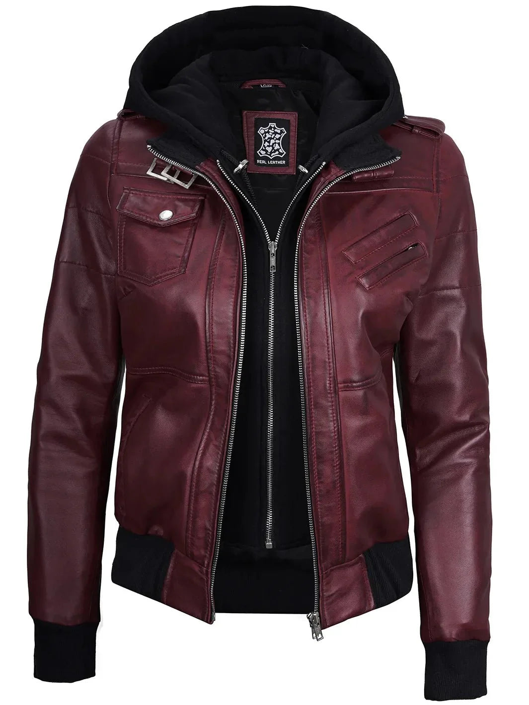 Women's Burgundy Leather Jacket with Removable Hood - Rare Leather