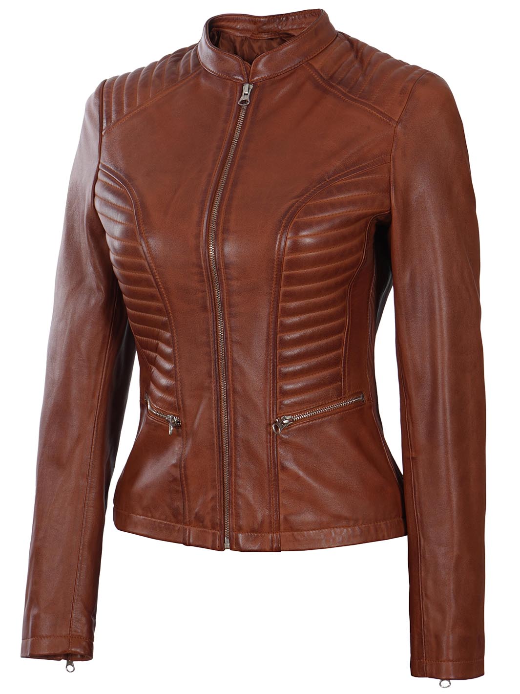 Women's Cognac Brown Biker Leather Jacket - Rare Leather