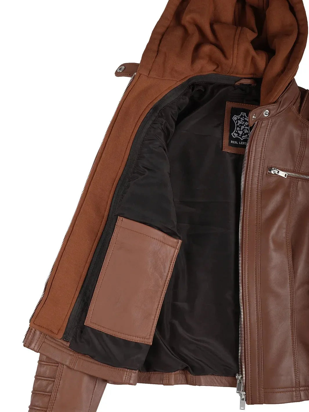 Women's Cognac Brown Leather Jacket With Removable Hood - Rare Leather