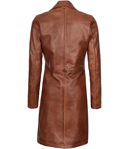 Women's Cognac Brown Real Leather 3/4 Length Coat - Vox Leather