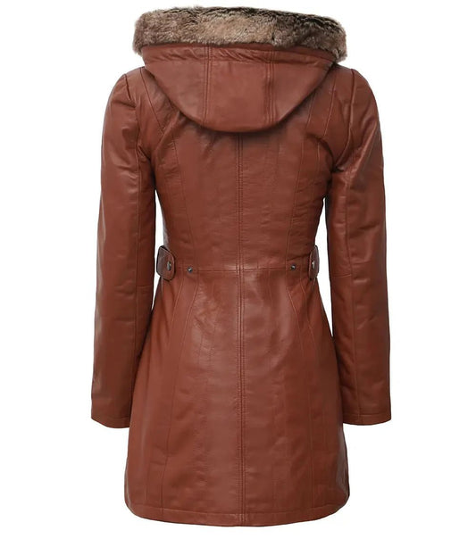 Women's Hooded Brown Leather Long Shearling Coats - Vox Leather