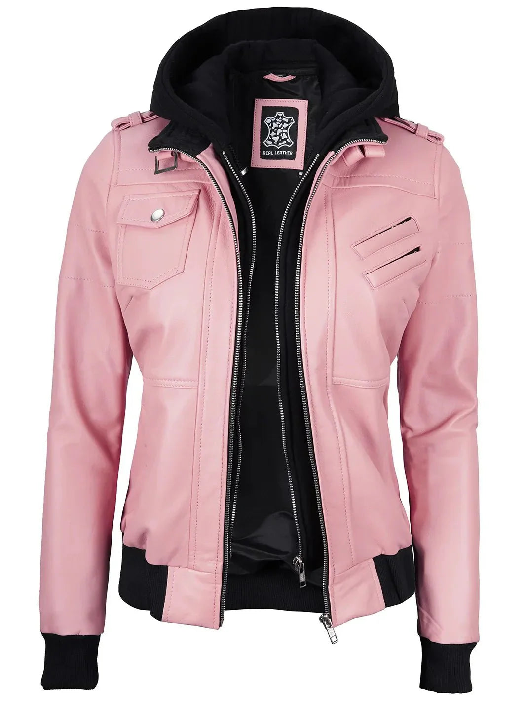 Women's Pink Leather Jacket with Removable Hood - Rare Leather