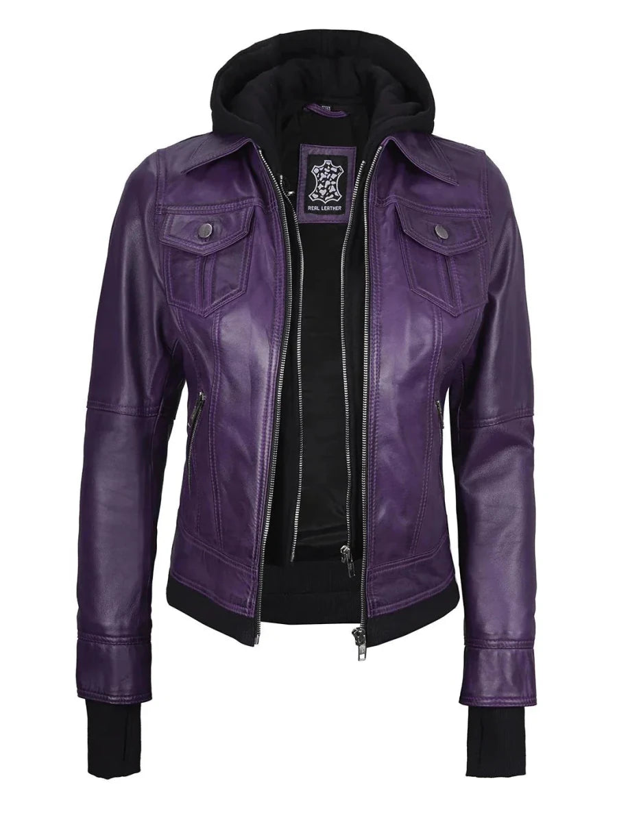 Women's Purple Leather Jacket with Removable Hood - Vox Leather