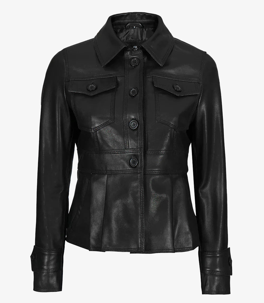 Women’s Short Body Black Peplum Leather Jacket - Vox Leather