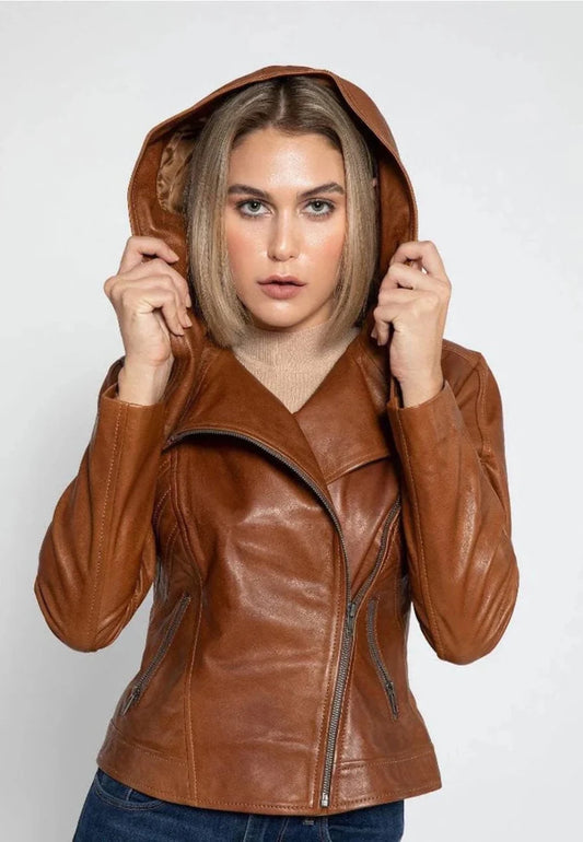 Women’s Tan Brown Leather Hooded Biker Jacket - Vox Leather