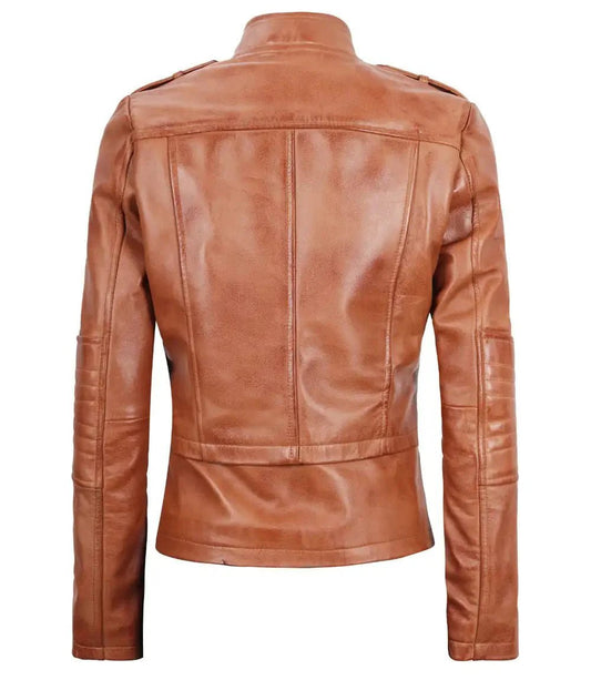 Women's Tan Brown Leather Motorcycle Jacket - Vox Leather