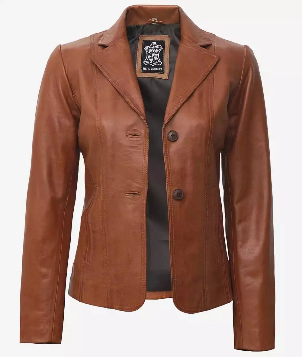 Women's Two Button Tan Brown Leather Blazer Jacket - Vox Leather