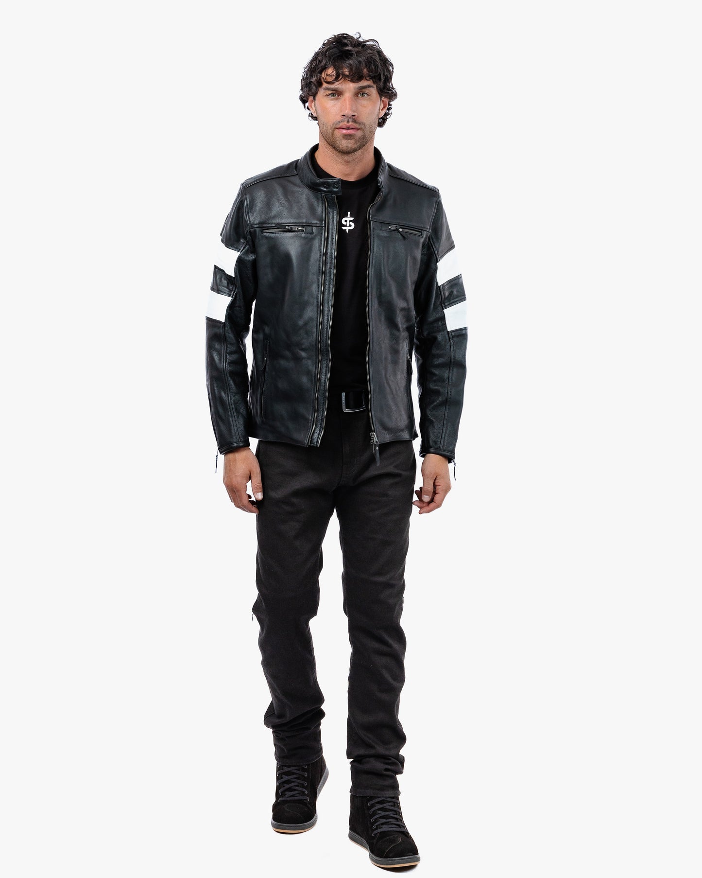 Hanzo Black & Ivory Leather Motorcycle Jacket