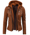Womens Cognac Slim Fit Leather Jacket With Removable Hood - Rare Leather Order Now !!