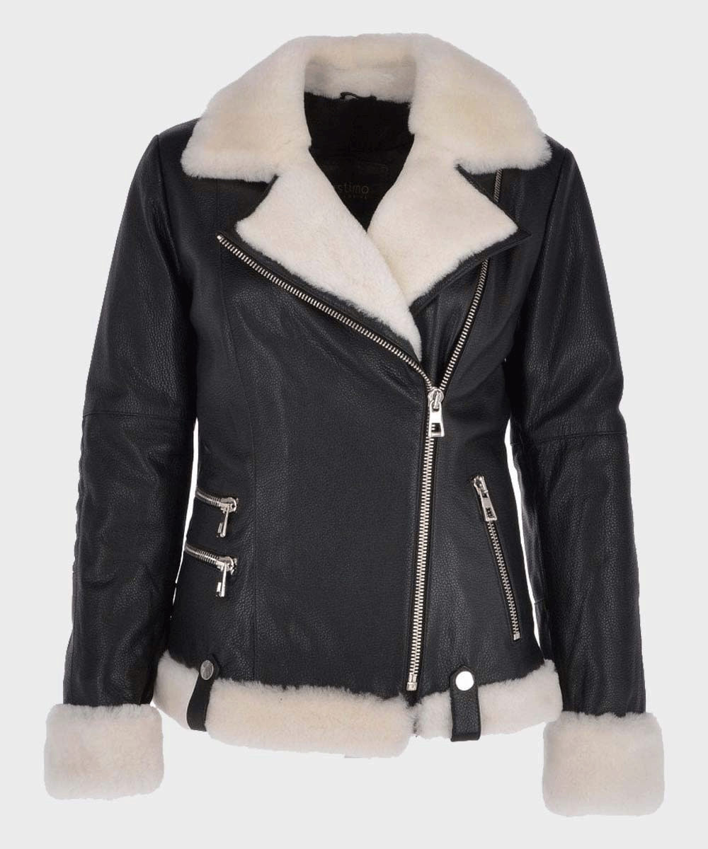 Womens Black Motorcycle Shearling Leather Jacket - Rare Leather Order Now !!