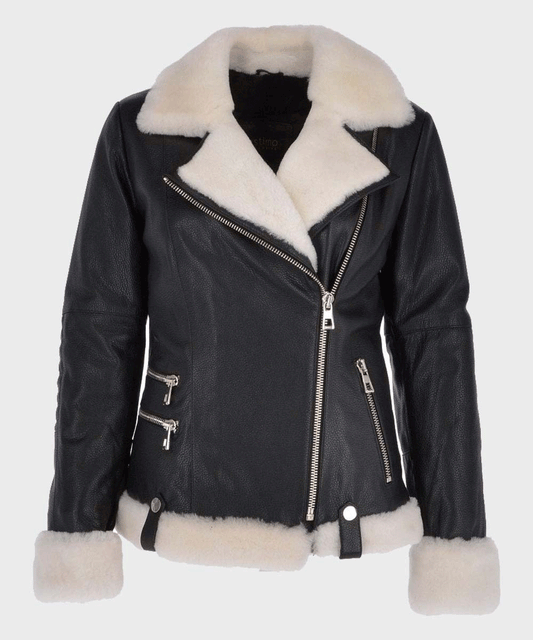 Womens Black Motorcycle Shearling Leather Jacket - Rare Leather Order Now !!