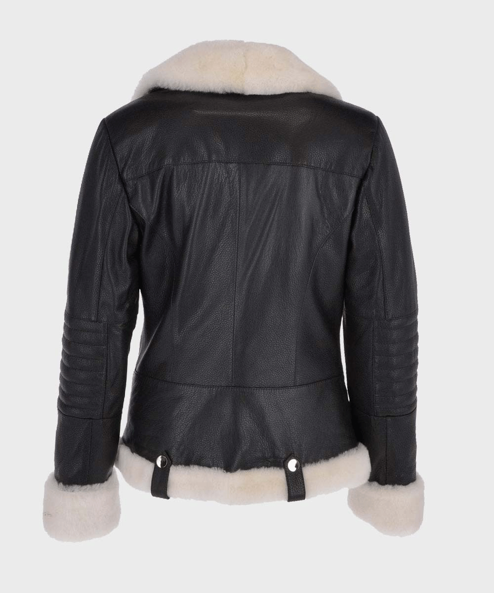 Womens Black Motorcycle Shearling Leather Jacket - Rare Leather Order Now !!