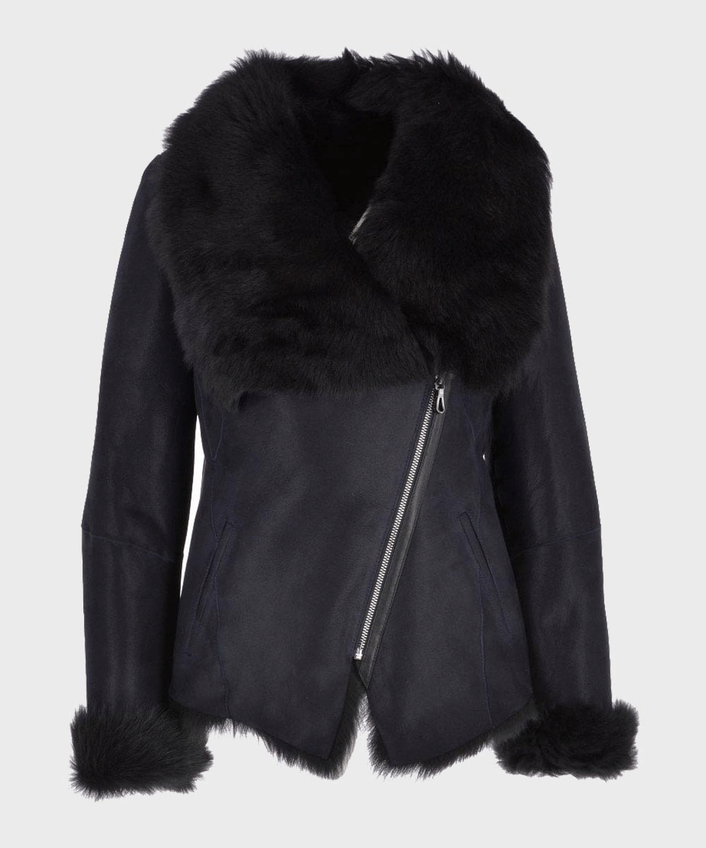 Womens Black Shearling Fur Leather Jacket - Rare Leather Order Now !!