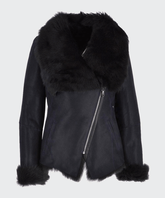Womens Black Shearling Fur Leather Jacket - Rare Leather Order Now !!