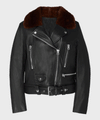 Womens Shearling Black Motorcycle Leather Jacket - Rare Leather Order Now !!