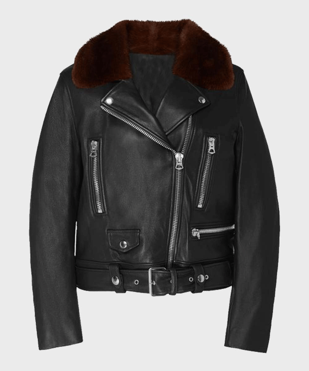 Womens Shearling Black Motorcycle Leather Jacket - Rare Leather Order Now !!