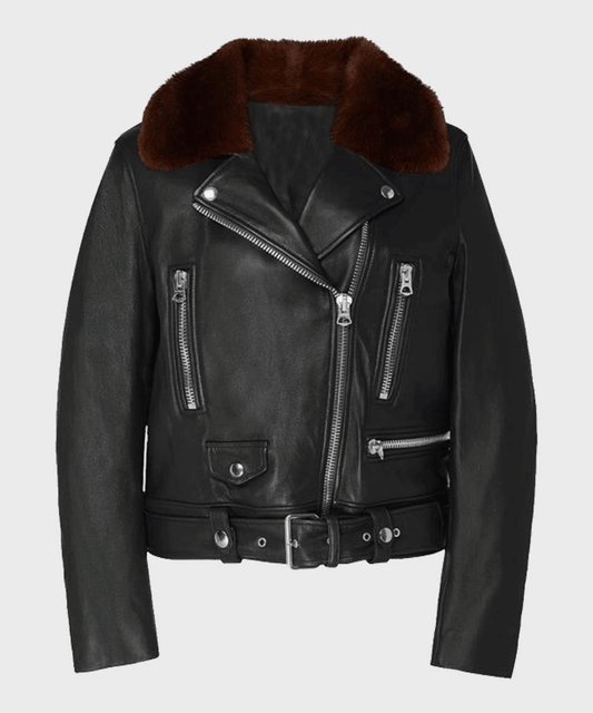 Womens Shearling Black Motorcycle Leather Jacket - Rare Leather Order Now !!