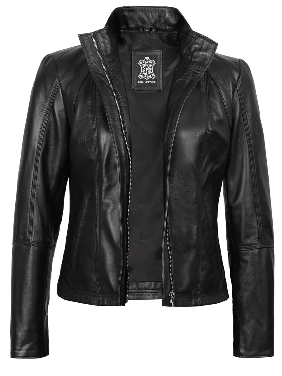 Acerra Women's Black Leather Cafe RacerMotorcycle Jacket - Vox Leather