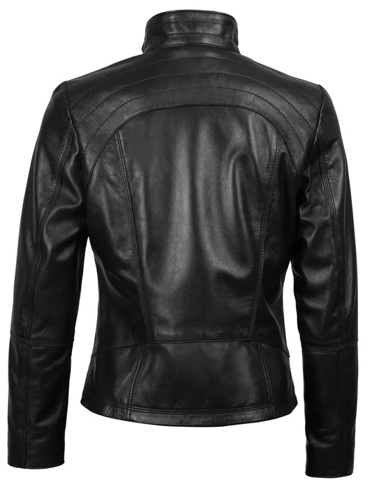 Acerra Women's Black Leather Cafe RacerMotorcycle Jacket - Vox Leather