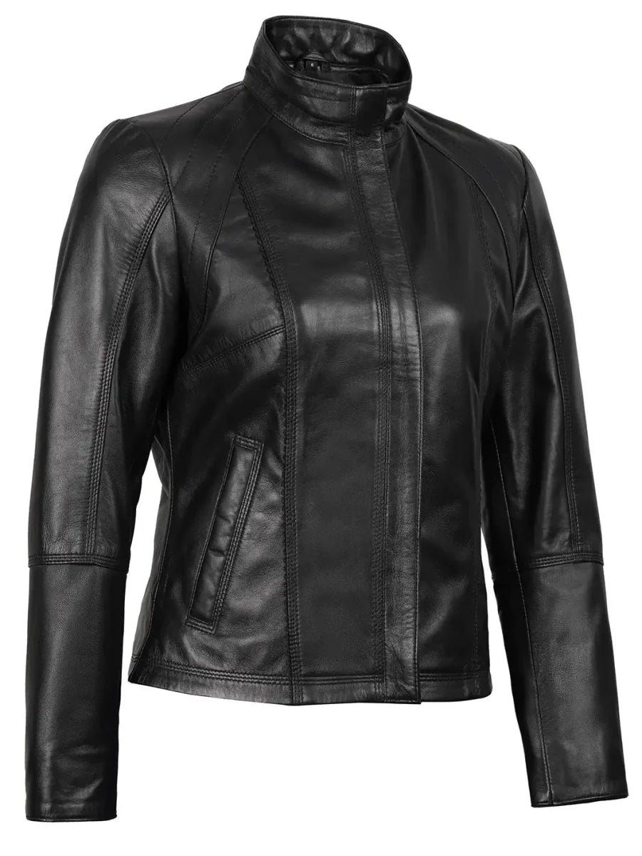 Acerra Women's Black Leather Cafe RacerMotorcycle Jacket - Vox Leather