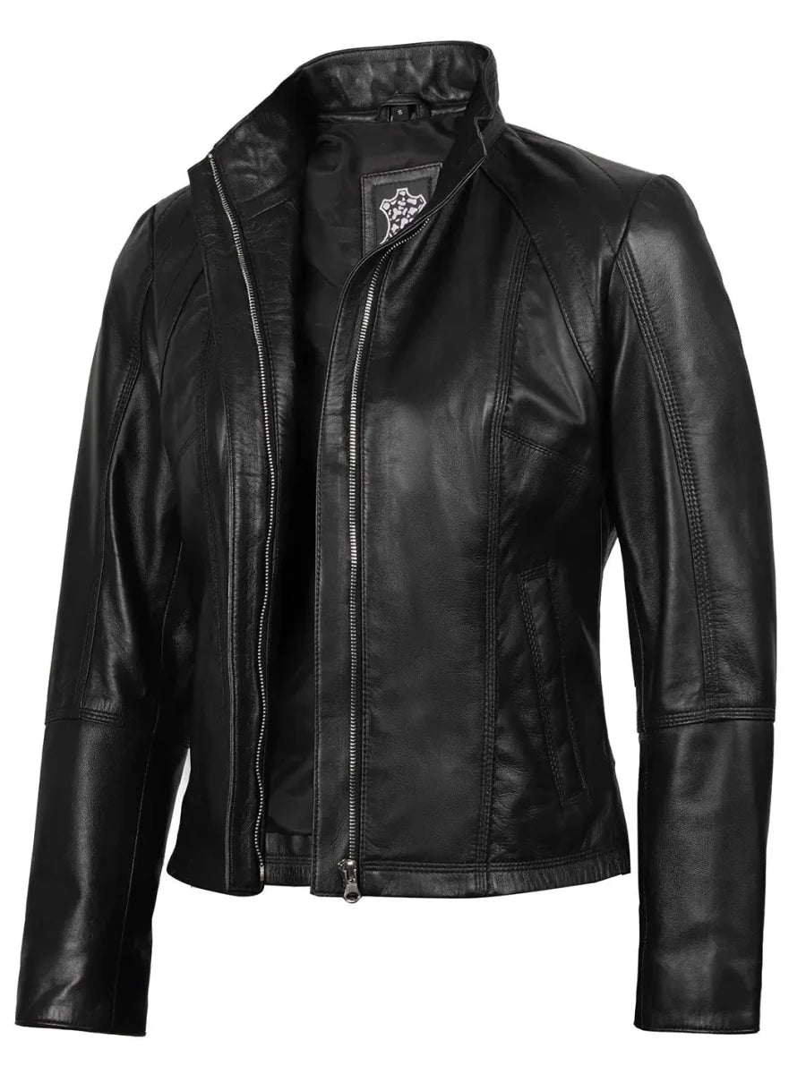 Acerra Women's Black Leather Cafe RacerMotorcycle Jacket - Vox Leather
