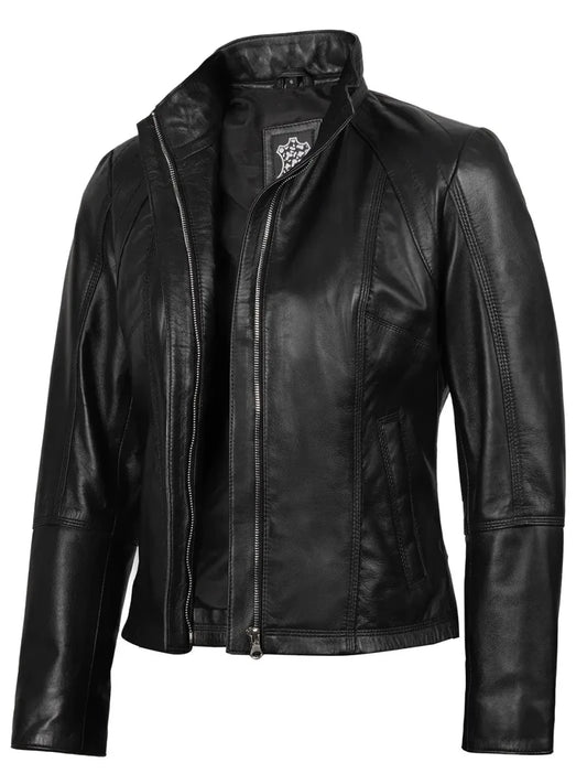 Acerra Women's Black Leather Cafe RacerMotorcycle Jacket - Vox Leather