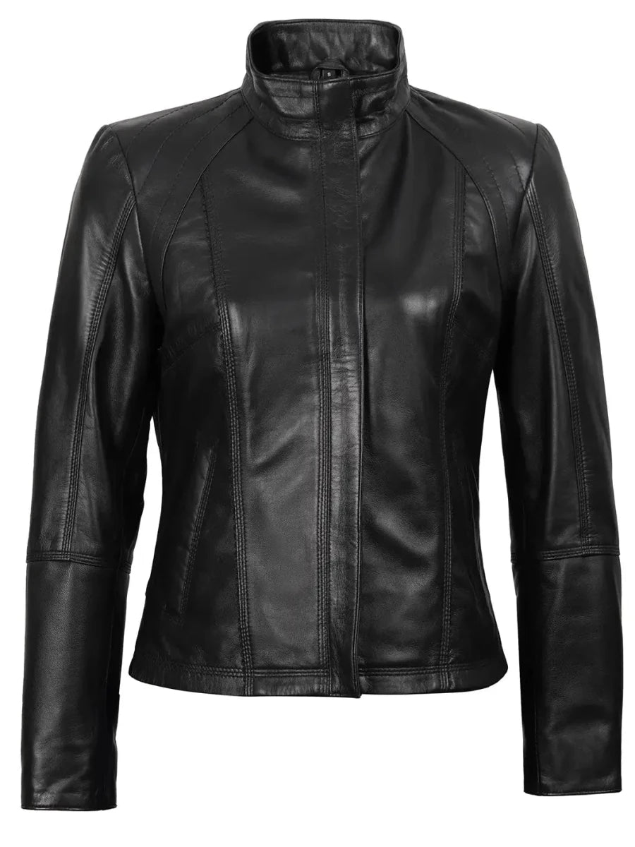 Acerra Women's Black Leather Cafe RacerMotorcycle Jacket - Vox Leather