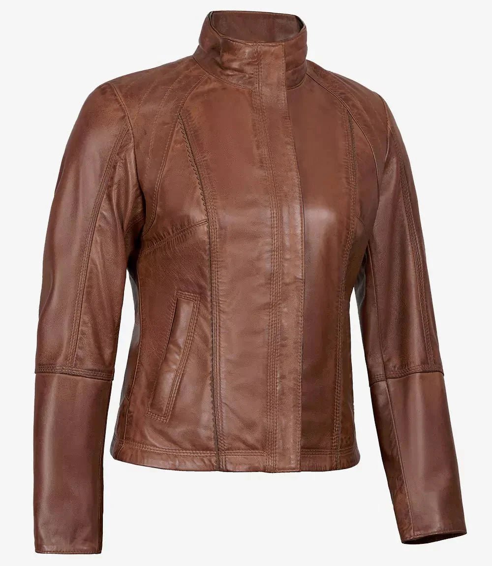 Acerra Womens Cognac Brown Biker Real Leather Jacket - Vox Leather