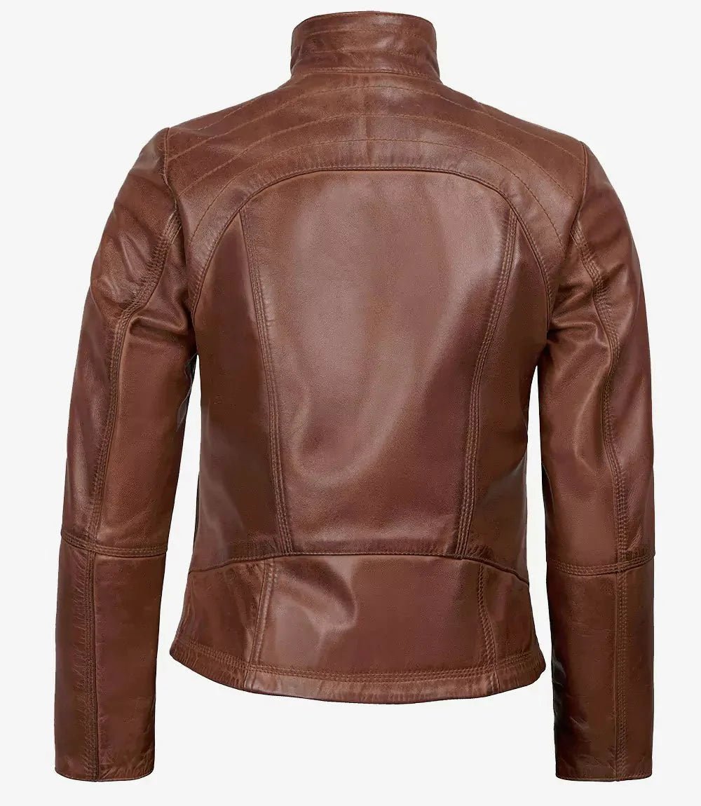 Acerra Womens Cognac Brown Biker Real Leather Jacket - Vox Leather